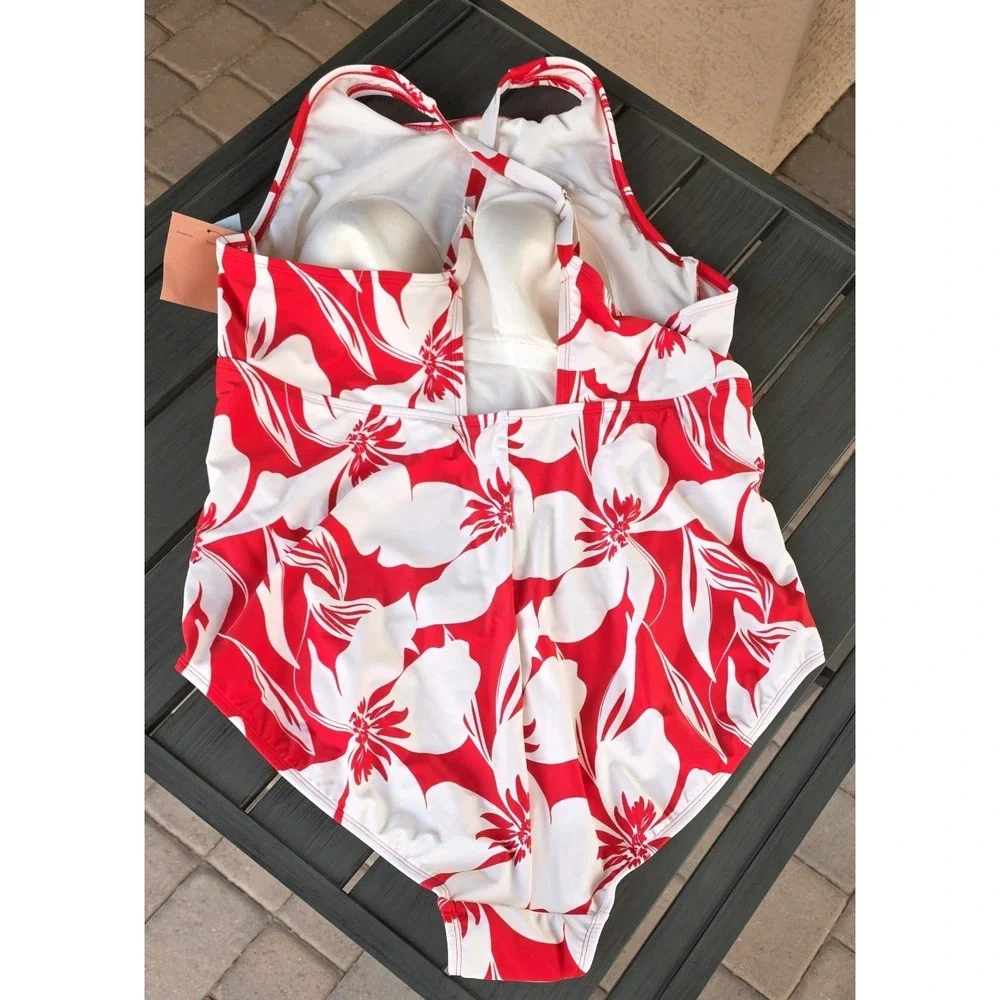 Women's Red & White Tropical Floral One-Piece Swimsuit Size 22W NEW (338)